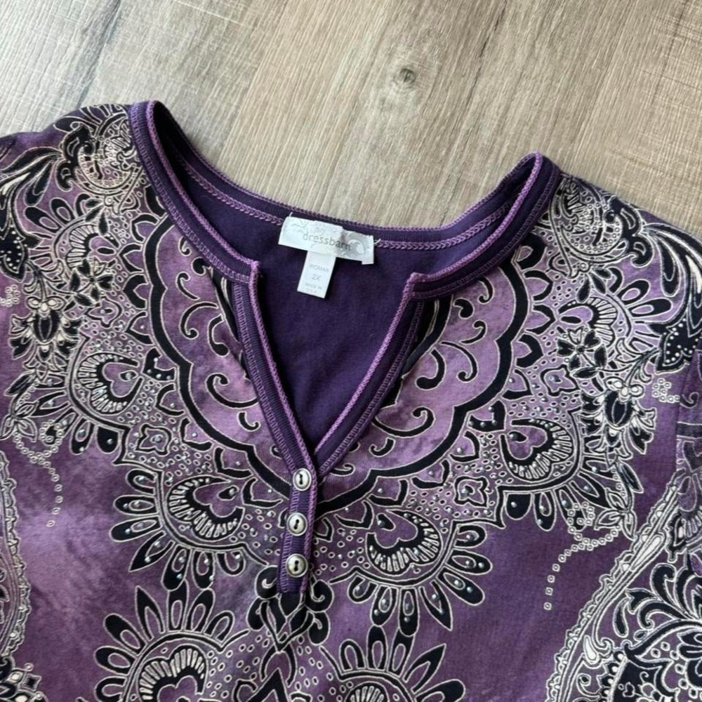 Y2K Dressbarn Henley Women's Plus Size 2X Purple Fairycore Paisley Indie Boho - Picture 3 of 8